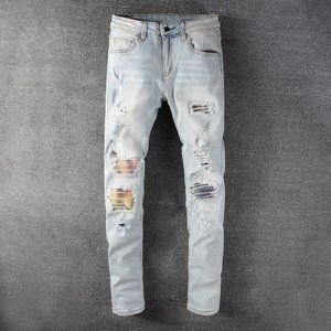 Men Jeans Light Blue Slim Fit Ripped Denim Pants
